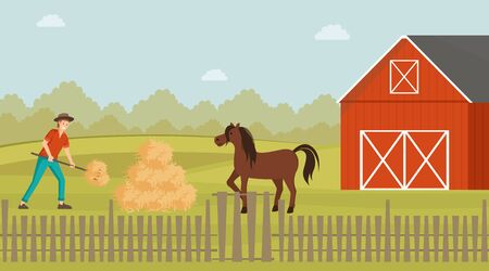 Rancher working in farmyard flat illustration. Young farmer feeding horse with hay cartoon character. Livestock technician working with pitchfork, harvesting food for stallion near barnhouseのイラスト素材