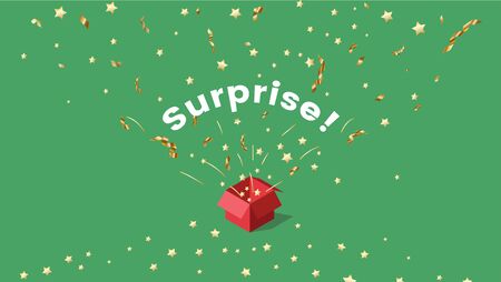 Surprise with stars confetti color background. Isometric open gift box, golden streamers explosion isolated on green backdrop. Christmas, New Year, Birthday holiday banner design with presentのイラスト素材