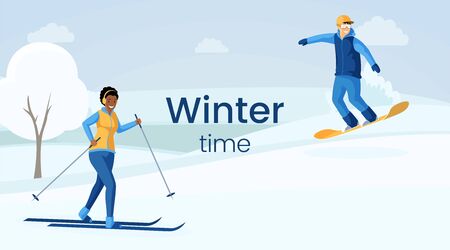 Winter time flat vector illustration. African american girl skiing, caucasian man skateboarding, people enjoying outdoor sport cartoon characters. Skiing resort, winter activities banner designのイラスト素材