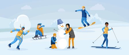 People having winter fun flat illustration. Kids making snowman together, sledding, people snowboarding, skating and skiing. Young spending time outdoors, enjoying snow activities cartoon charactersのイラスト素材