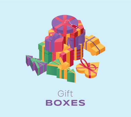 Gift boxes pile isometric color illustration. 3d presents stack, festive wrapped packages in different shapes isolated on blue background. Christmas, New Year surprises, giftboxes with ribbonsのイラスト素材