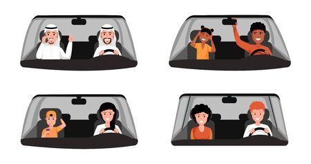 People driving car illustrations set. Arabic man wearing traditional clothing sitting at front seat of automobile. Married couple, mother and son, afro american father with daughterのイラスト素材