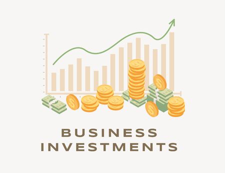 Business investment, rising graph illustration. Growing bar graph and arrow, increasing income, successful business strategy, earning money. RIO concept financial analysis and cooperationのイラスト素材