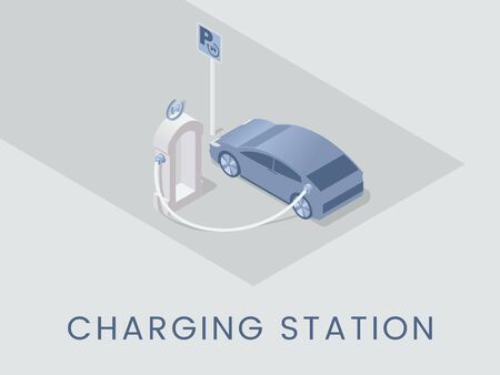 Charging station flat banner vector template. Eco friendly technology poster concept, modern environmentally safe transportation idea. Electric car isometric illustration with typographyのイラスト素材