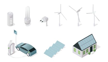 Sustainable technology symbols isometric illustrations set. Renewable power sources and eco friendly tech isolated on white background. Solar panels, wind turbines, electric car and energy saving lampのイラスト素材