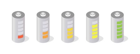 Battery charging stages isometric illustrations set. Accumulator recharging process steps 3D vector symbols isolated on white background. Different battery charge levels with colorful indicatorsのイラスト素材