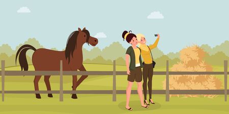 Girls selfie on farm flat illustration. Young women photographing horse cartoon characters. Female tourists visiting farmland, enjoying pastime with livestock animals, rural recreation ideaのイラスト素材