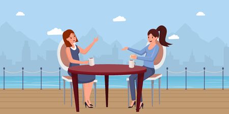 Women drinking coffee flat vector illustration. Elegant business ladies enjoying lunch break cartoon characters. Girlfriends meeting at quayside cafe, young female students discussing latest newsのイラスト素材