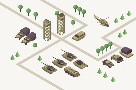 Military base isometric vector illustration. Army training camp with watchtowers, heavy weapons, armored helicopter and ground vehicles. Modern warfare area, armed conflict conceptのイラスト素材