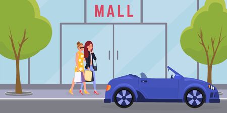 Women going to mall vector illustration. Elegant girls, sisters enjoying shopping together cartoon characters. Favorite female pastime concept, weekend leisure idea, shopaholics hobbyのイラスト素材