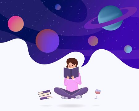 Immersed in reading abstract vector illustration. Young girl in lotus pose enjoying sci fi literature, fantasy novel cartoon character. Female student reading space exploration textbooksのイラスト素材