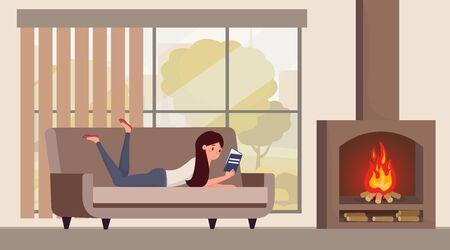 Girl reading book at home illustration. Young woman on sofa enjoying cozy atmosphere with burning fireplace, smart student with interesting novel cartoon character. Hygge lifestyle conceptのイラスト素材
