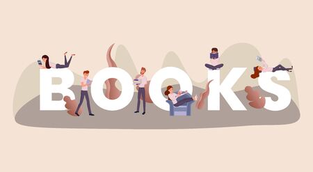 Reading books word concept banner. Intelligent young people enjoying novels cartoon characters. Bibliophiles and scientists hobby, students revising for exam with textbooks, intellectual pastime ideaのイラスト素材