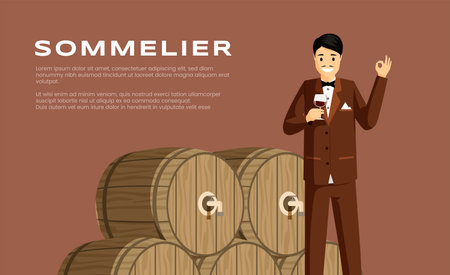 Expert sommelier flat banner vector template. Professional wine tasting, alcohol beverage degustation, winery advertising poster concept. Gourmet drinking vintage red wine illustration with typographyのイラスト素材