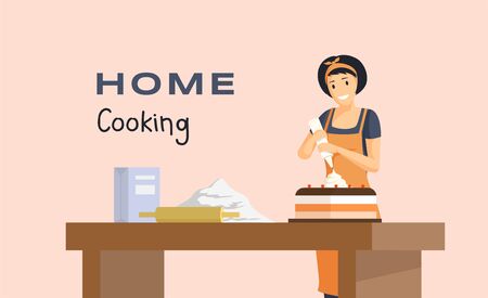 Home cooking flat banner vector template. Professional baking courses, pastry shop, bakery advertising poster concept. Young baker, housewife making delicious cake illustration with typographyのイラスト素材