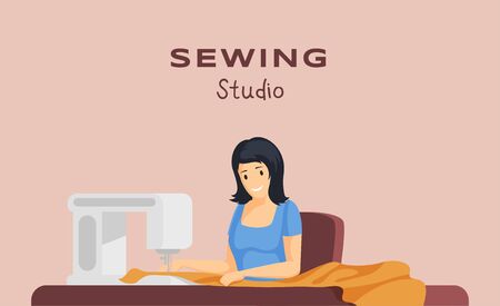 Sewing studio flat banner vector template. Bespoke tailoring service, dressmaking business, atelier advertising poster concept. Seamstress working with sewing machine illustration with typographyのイラスト素材