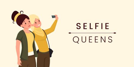 Selfie queens flat vector banner template. Young girls taking photo with smartphone cartoon characters. Popular youth hobby concept, female friends, tourists photographing poster designのイラスト素材