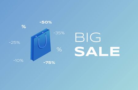Big sale flat banner vector template. Clearance wholesale advertising poster concept, special offer promotion, discounts up to 75 percent. Shopping bag, purchase isometric illustration with typographyのイラスト素材
