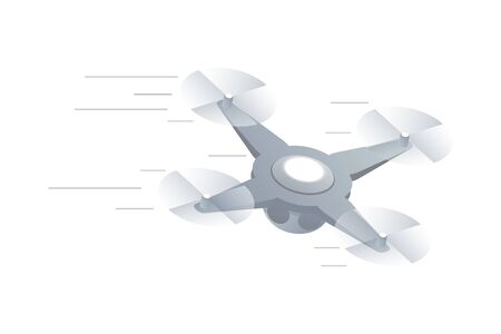 Fast aerial drone isometric vector illustration. Remotely controlled quadrocopter in motion, modern mobile aircraft, UAV isolated on white background. Contemporary technology design elementのイラスト素材
