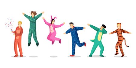 People in pajamas vector illustrations set. Happy teenage girls and boys in colorful costumes, kids in funny pyjamas cartoon characters. Slumber party, overnight stay, sleepover design elementsのイラスト素材