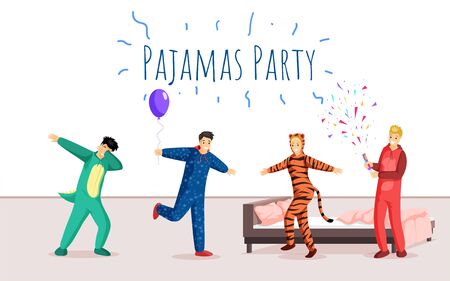 Pajamas party flat banner vector template. Overnight stay, sleepover, festive event advertising poster design. Happy teenage kids celebrating in funny pyjamas illustration with typographyのイラスト素材