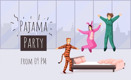 Pajama party flat banner vector template. Sleepover, overnight stay invitation, hen party advertising poster design. Cheerful girlfriends in funny pyjamas illustration with typographyのイラスト素材
