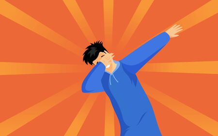 Dabbing hipster guy flat vector illustration. Young man in blue hoodie showing trendy dab sign cartoon character. Modern teenager standing in dub dance pose isolated on orange backgroundのイラスト素材