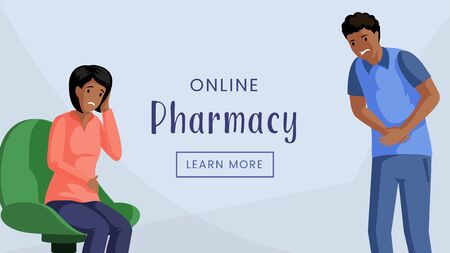 Online pharmacy web banner vector template. Internet drugstore, modern healthcare services advertising poster concept. People with headache and abdominal pain flat illustration with typographyのイラスト素材