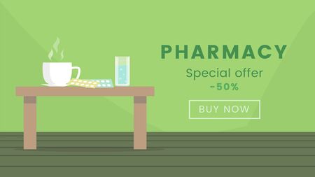Pharmacy shop web banner vector template. Pharmaceutical products sale, 50 percent discount offer advertising poster concept. Medical supplies, medicaments flat illustration with typographyのイラスト素材