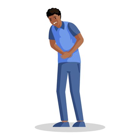 Guy with stomach ache vector illustration. Young african american man suffering from abdominal pain cartoon character. Abdomen infection, belly spasm, indigestion, medical problem design elementのイラスト素材