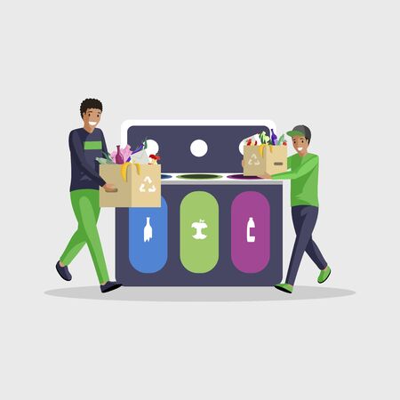 People sorting waste flat vector illustration. African american boys isolated cartoon characters separating garbage in different containers. Eco friendly lifestyle, trash recycling, waste managementのイラスト素材