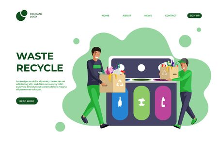 Trash sorting flat landing page template. Waste management, garbage reducing, segregation and recycling one page website design. Eco friendly, sustainable lifestyle homepage cartoon layoutのイラスト素材