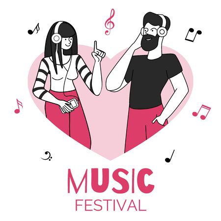 Young couple in heart shape frame vector illustration. Music festival, entertaining event. Male and female music listeners with earphones flat contour characters isolated on white backgroundのイラスト素材