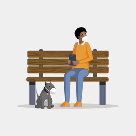 Man wearing protective mask flat color illustration. African american guy with dog in respirators sitting on park bench isolated cartoon character. Air pollution problem, protection against smogのイラスト素材