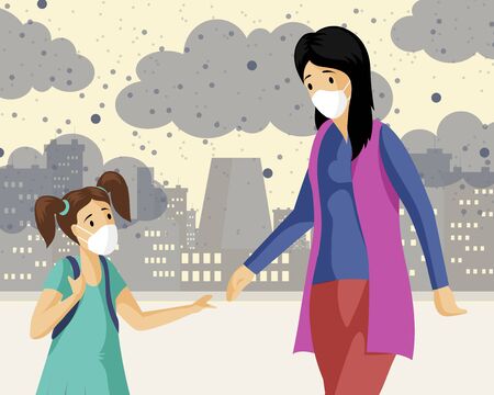 Mother, daughter wearing masks flat illustration. Woman with little girl walking at industrial district, breathing smog and dust cartoon characters. City air pollution, plants emissions urban problemsのイラスト素材