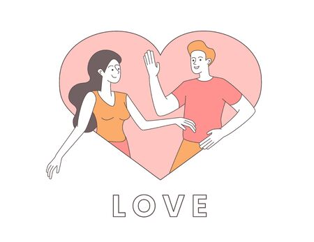 Couple in heart shaped frame illustration. Happy pair in relationship, girlfriend and boyfriend cartoon characters. Valentine day greeting card, romantic holiday postcard design elementのイラスト素材