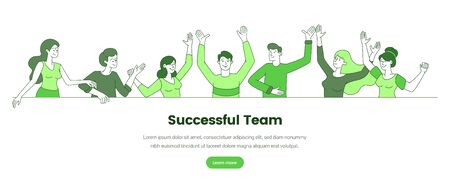 Successful team web banner vector template. Business company, corporate team building website landing page concept. Happy colleagues, office workers outline illustration with text spaceのイラスト素材