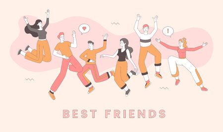 Friendship day celebration banner vector template. Best friends partying together, cheerful men and women cartoon characters. Joyful young adults in casual clothes having fun outline illustrationのイラスト素材