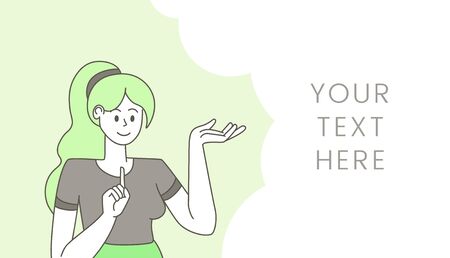 Woman with empty speech bubble illustration. Young sure girl gesturing and thinking outline cartoon character, suggesting idea. Banner design flat vector template with text space and talking ladyのイラスト素材