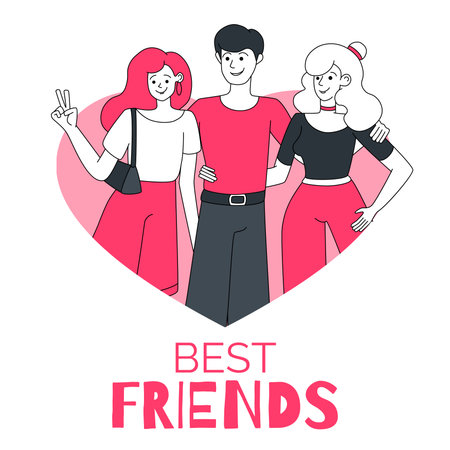 Boy and girls in heart-frame cartoon illustrationのイラスト素材