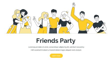 Friends party, smiling boys and girls, hugging, standing in welcoming pose landing page vector template.のイラスト素材