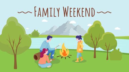 Family weekend banner design. People at summer picnic spending time together outdoor nature near the lake. Mother, father and daughter, family time, summer holidays, camping vector flat illustration.のイラスト素材