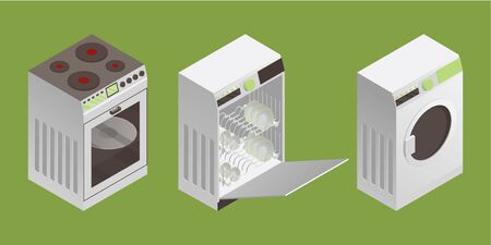 Washing machine, dishwasher machine, filled with clean plates and electric cooker vector illustration in isometric style. Kitchen equipment and household appliances isolated on green background.のイラスト素材