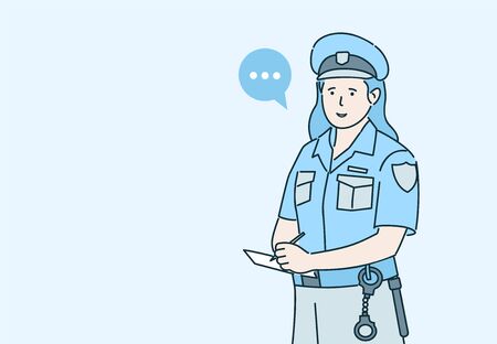 Policewoman issuing a fines vector illustration. Security guard interviewing witnesses or issuing a parking ticket.のイラスト素材