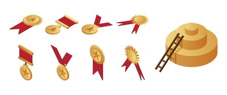 Gold medals, awards and staircase leading to the first place on pedestal isometric illustration.のイラスト素材
