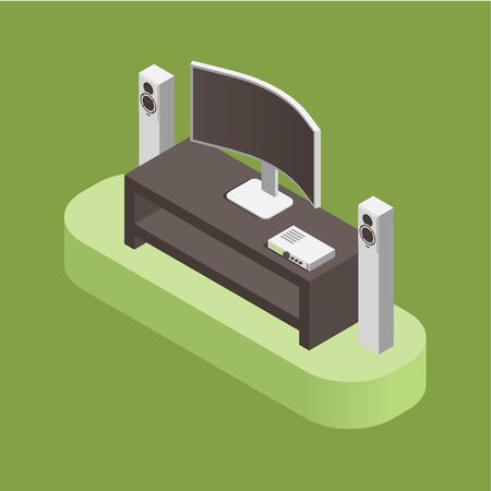 Home theatre, audio system and smart house concept isolated on green background. Smart TV, audio speaker and video projector isometric vector illustration. Audio visual system for living room.のイラスト素材
