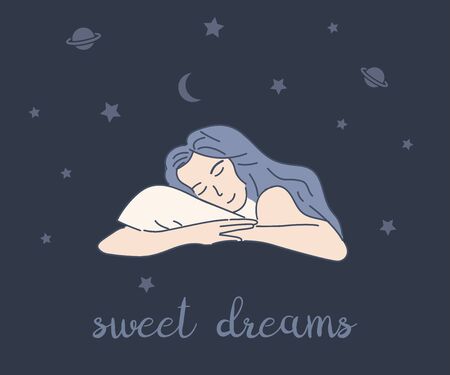 Sweet dreams card design. Woman sleeping and dreams about stars and planets. Healthy sleep and relaxation.のイラスト素材