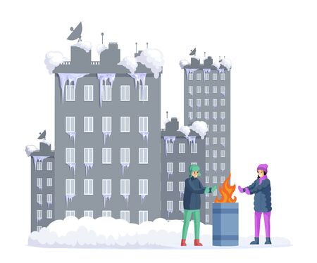 Frozen girl and boy warming his hands next to garbage barrel with snow covered city on background.のイラスト素材