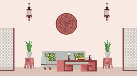 Oriental style decorated living room. Vector flat illustration of Arabian or Indian style designed room.のイラスト素材