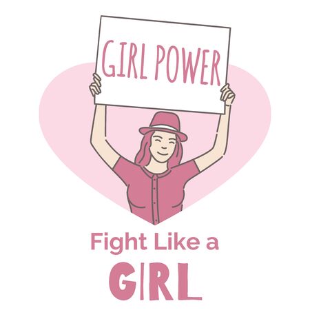 Feminism vector banner template. Activist, girl power, fight like a girl cartoon outline card design.のイラスト素材